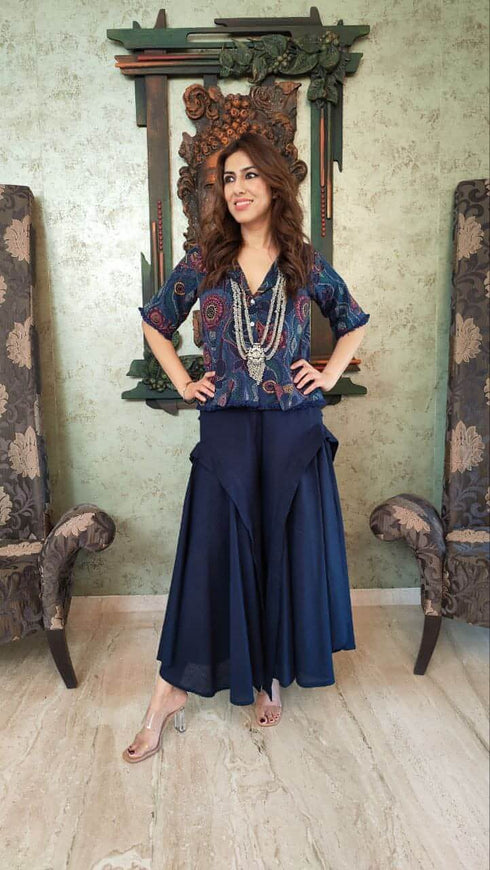 Blue Shirt with Drape Flared Pants